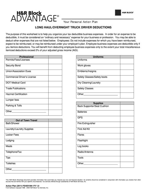 Printable Truck Driver Expense Owner Operator Tax Deductions Worksheet